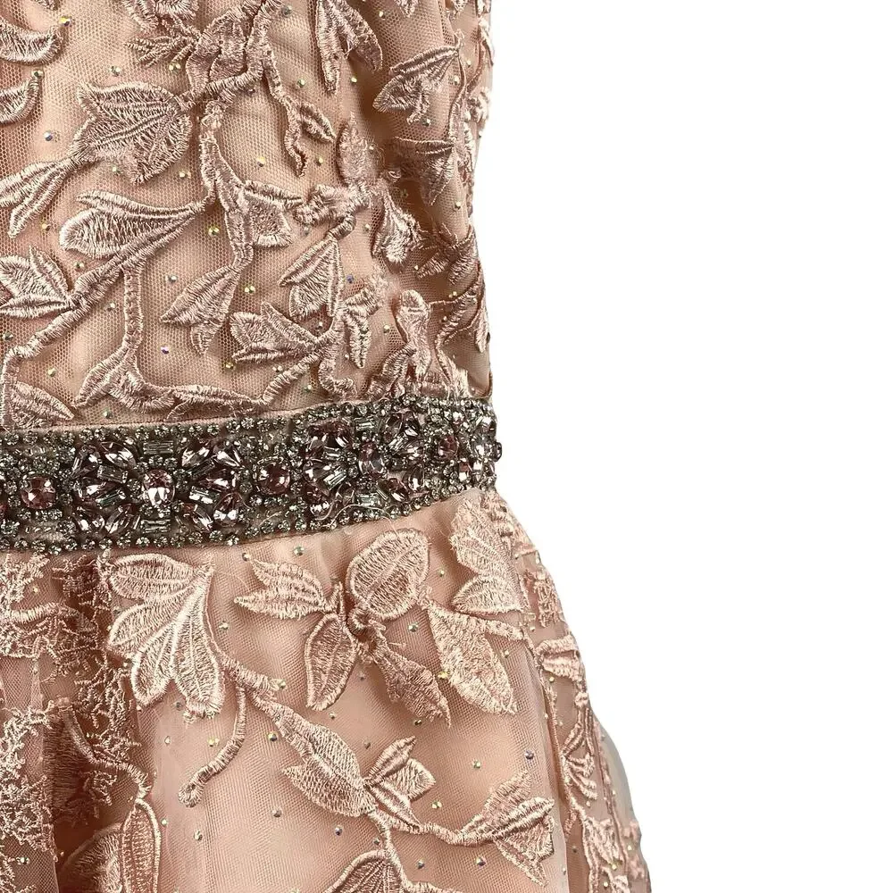 NEW Sherri Hill Pink Tulle Floral Embroidery Embellished Mini A-Line Dress Sz 18